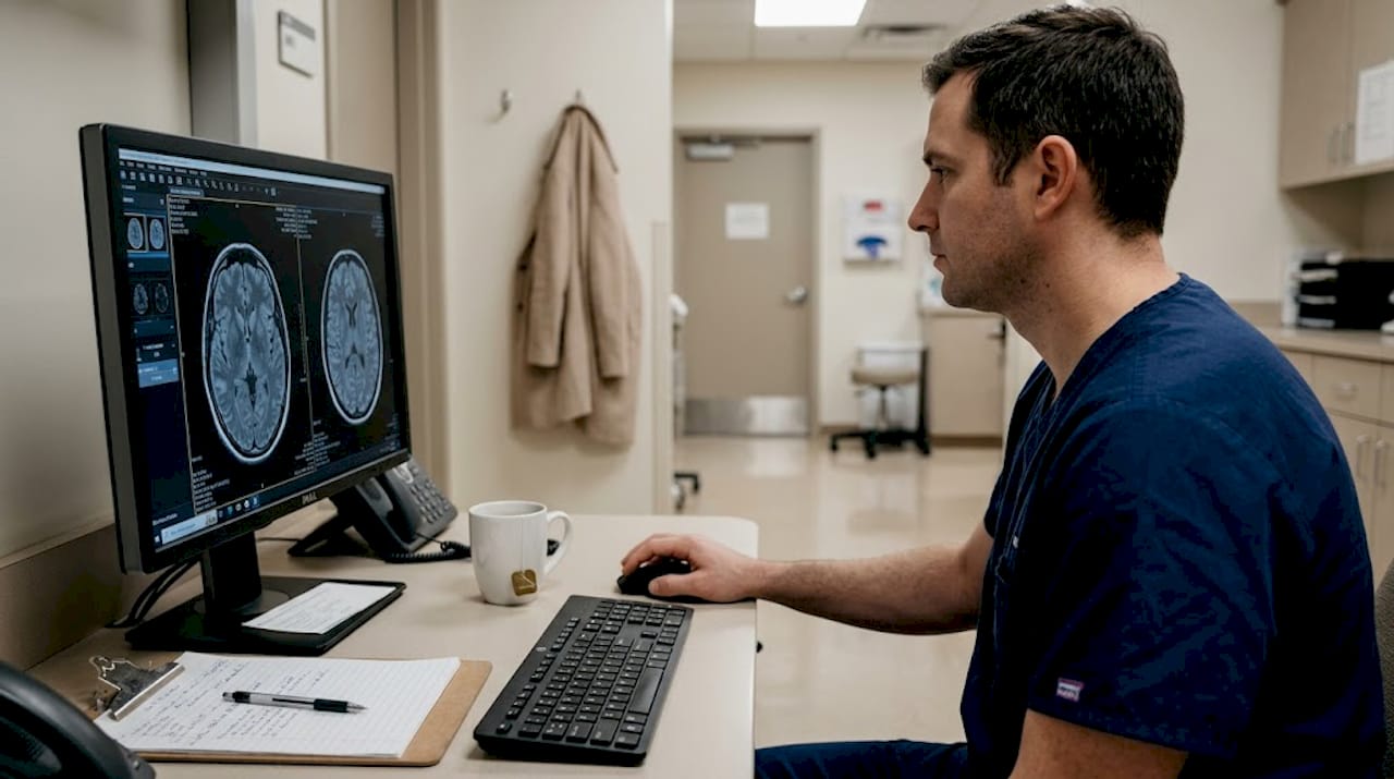 Technician reviews scan at imaging clinic workstation