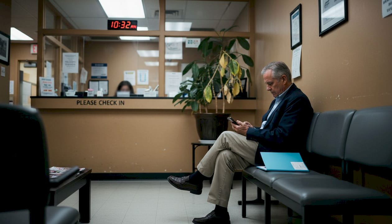 Older man waits in clinic reception area