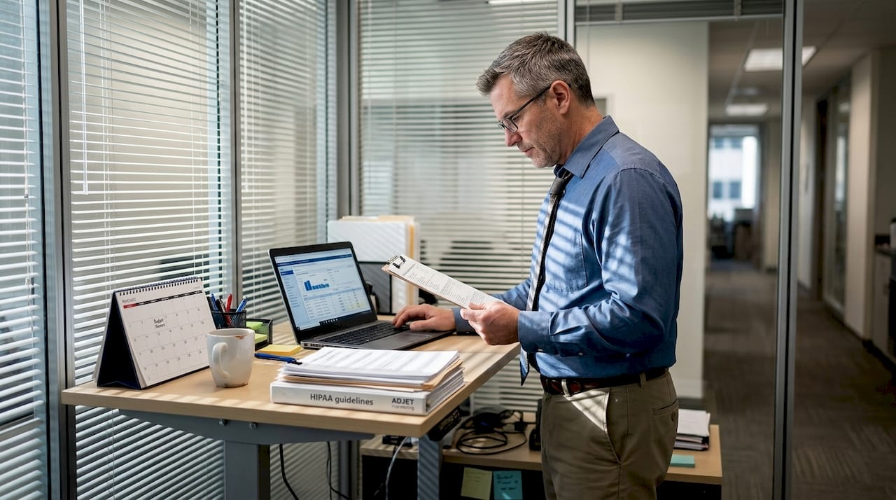 Clinic administrator checking privacy documents