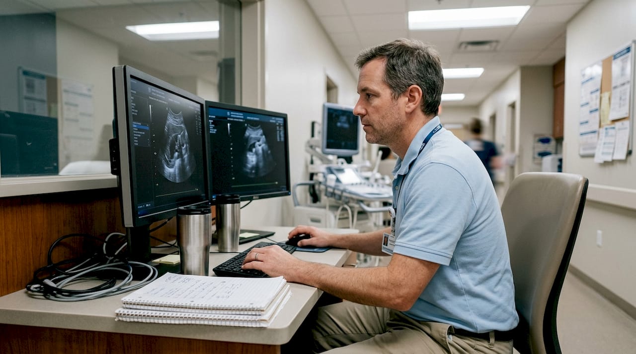 Technologist reviewing ultrasound images at workstation