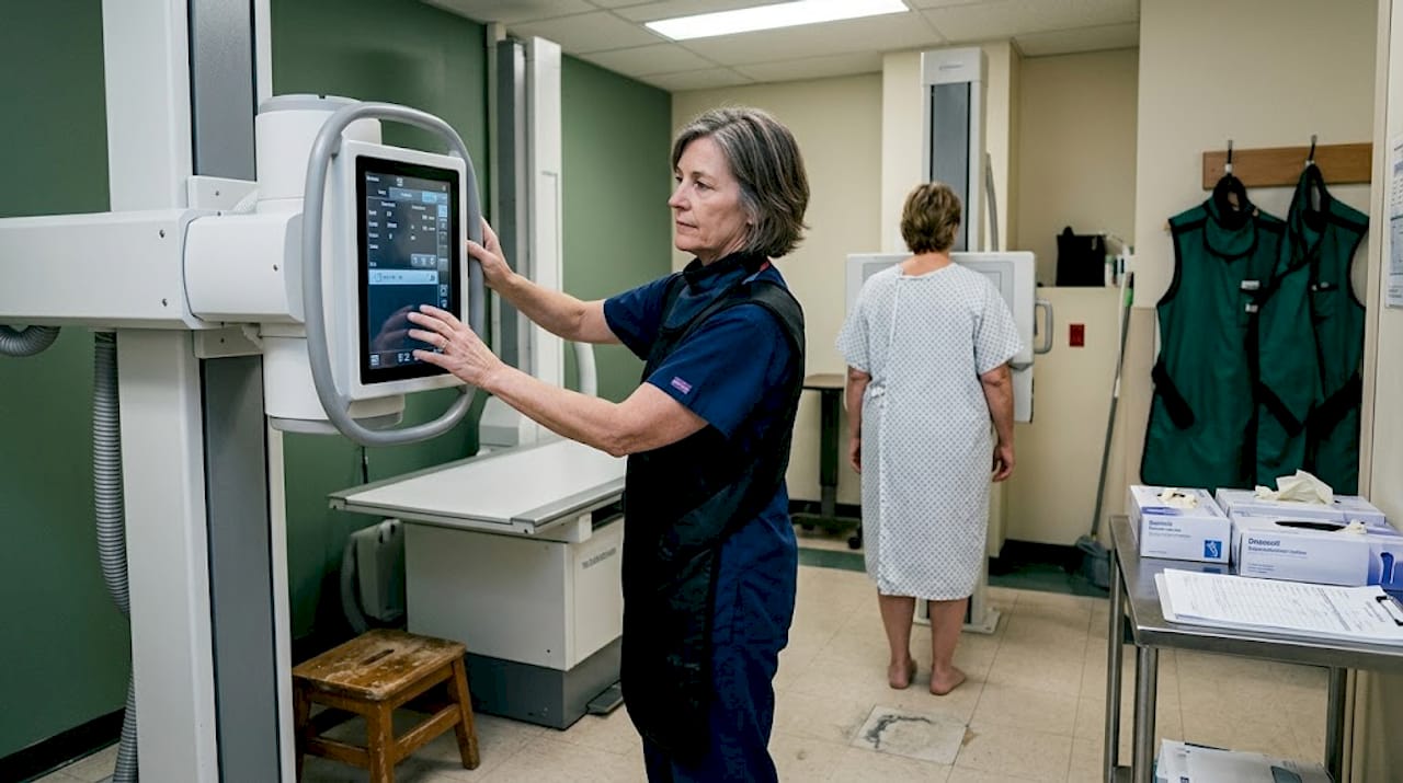 Technician prepares x-ray machine for patient