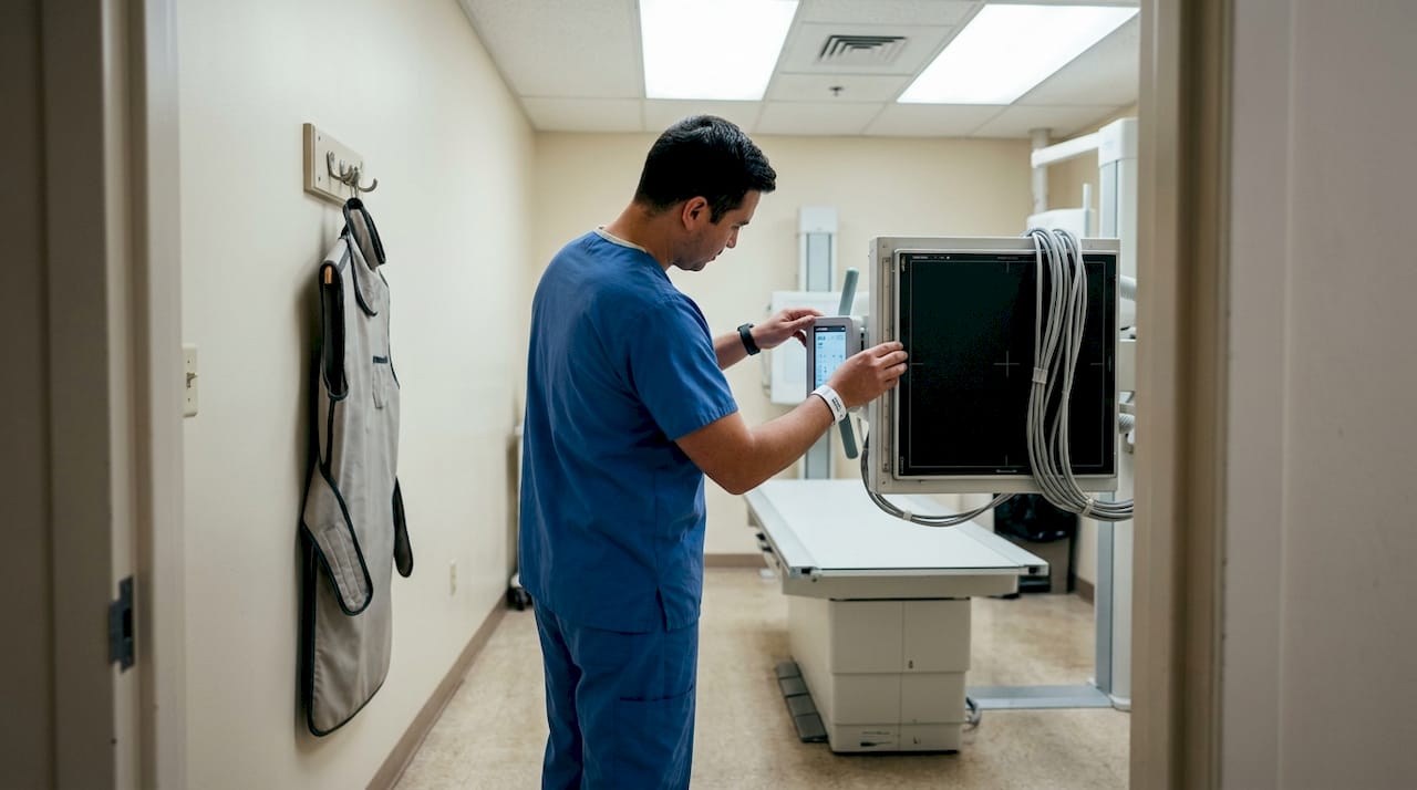Technologist setting up digital x-ray equipment