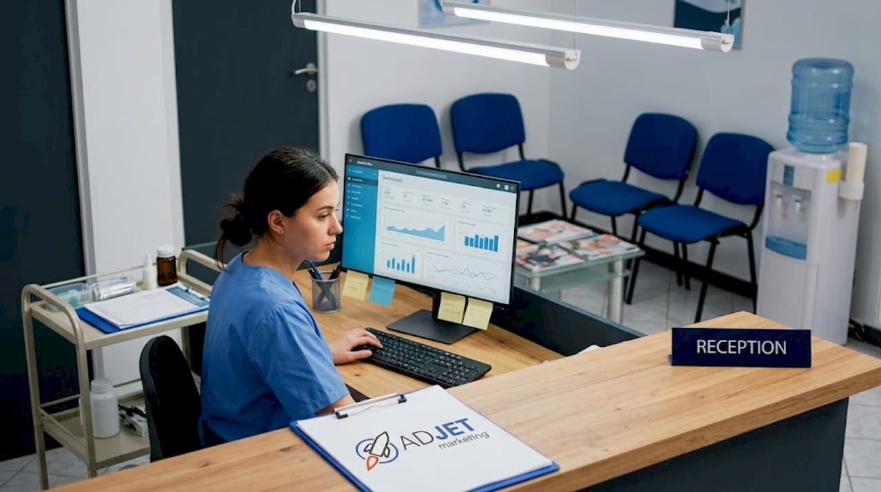 Receptionist reviewing clinic ad performance reports