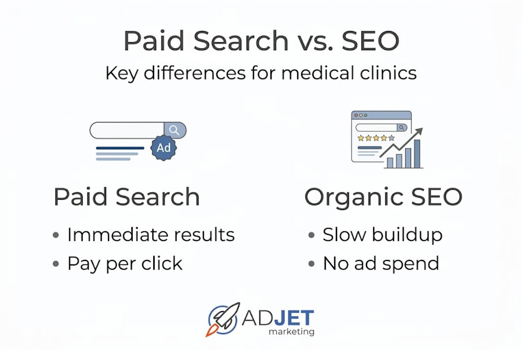 Infographic comparing paid search and SEO for clinics
