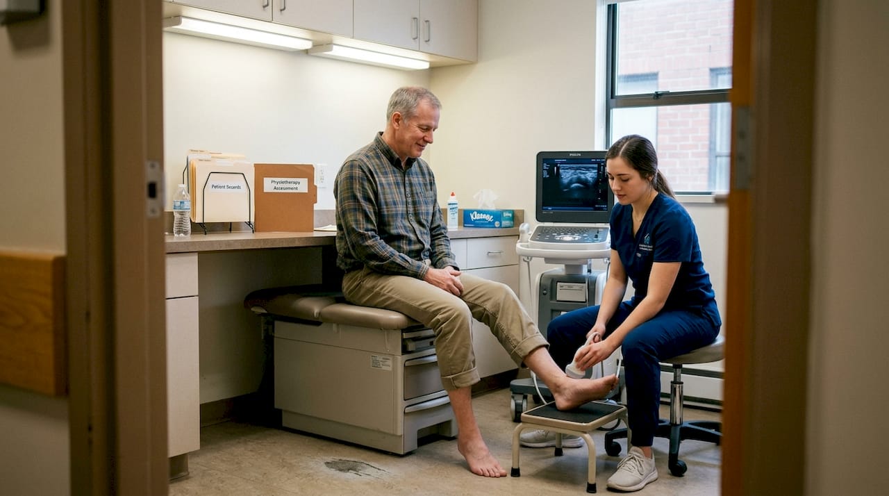 Technician performing heel ultrasound for bone density