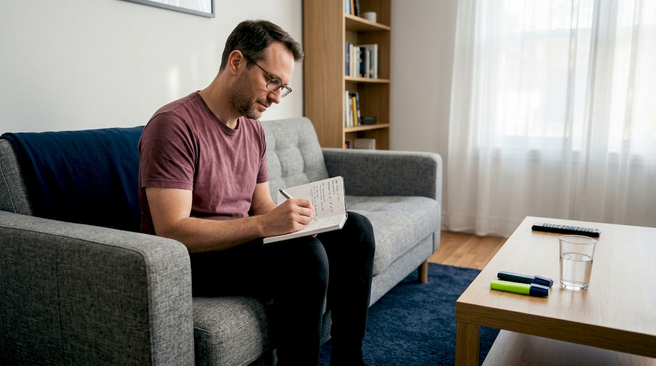 Man writing symptom diary in living room
