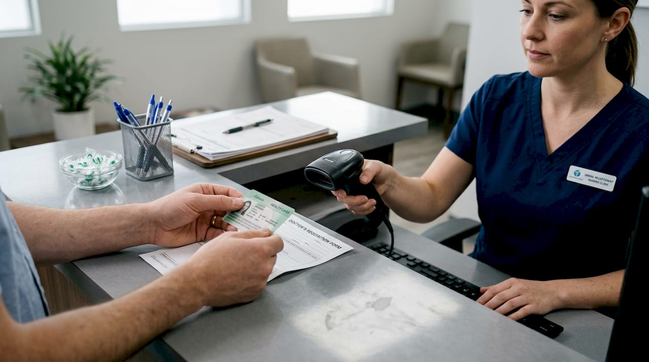 Patient hands over documents at clinic check-in