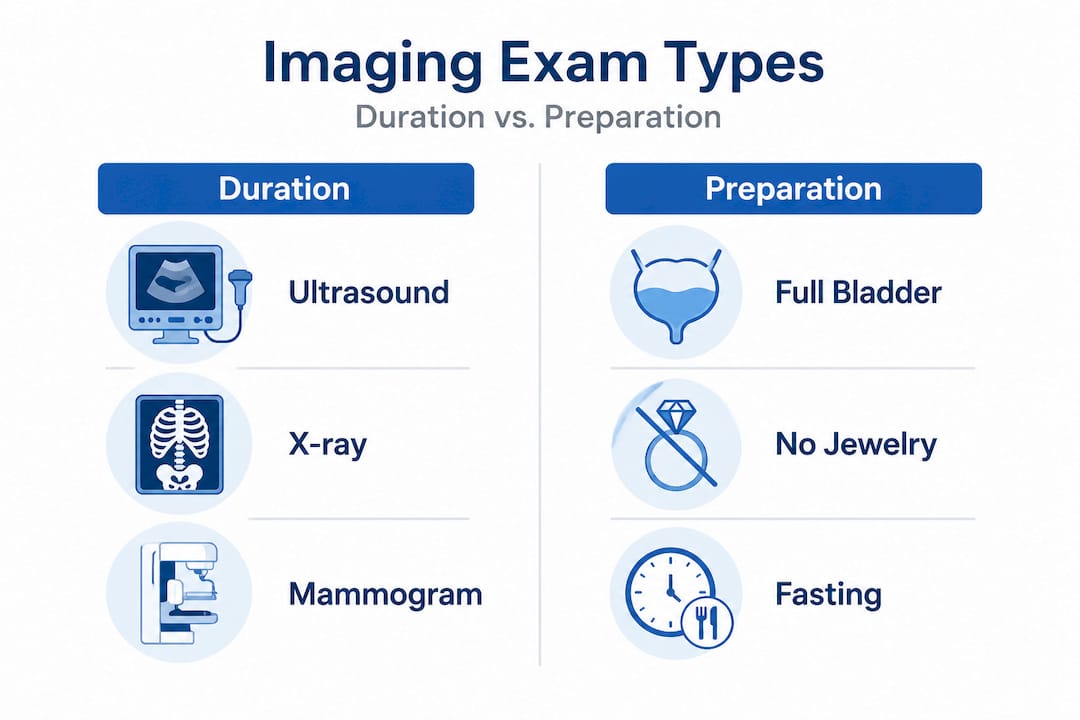 Infographic comparing imaging exams by duration and preparation