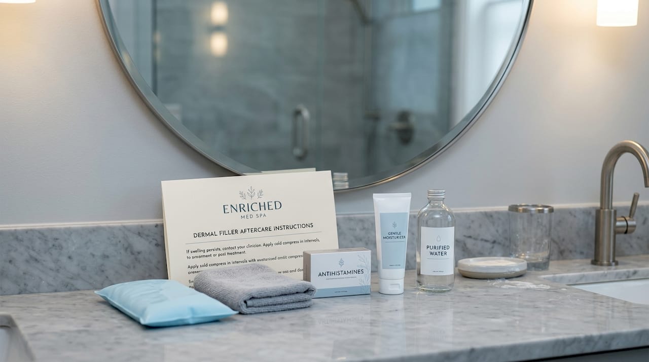 Aftercare supplies arranged on home bathroom counter