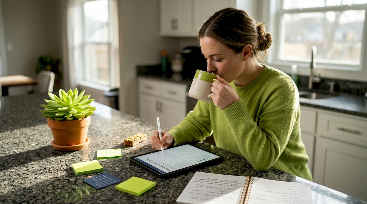 Woman tracking mood on tablet at home