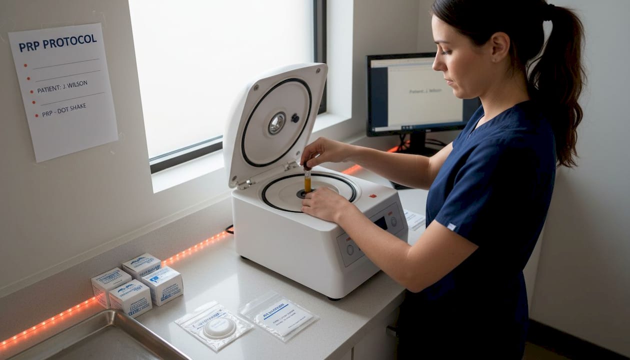Clinic staff preparing blood sample for PRP therapy