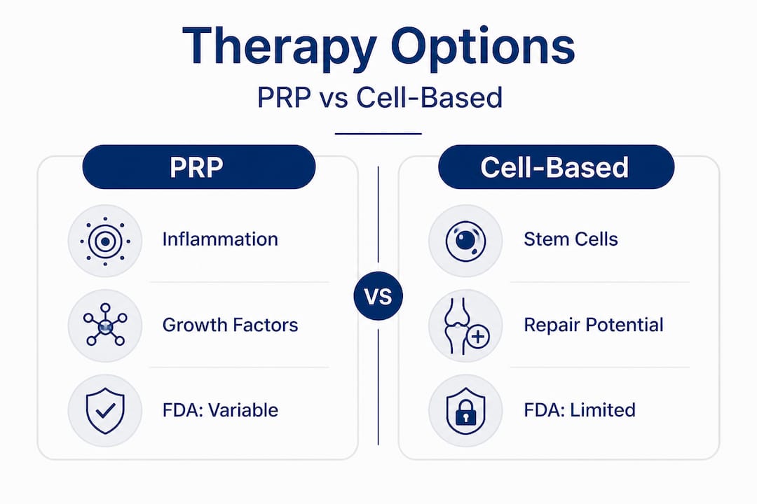 Infographic comparing PRP and cell-based therapy options