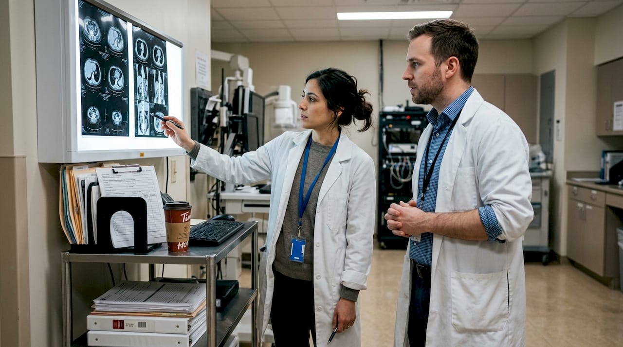Radiology team reviewing CT scan together