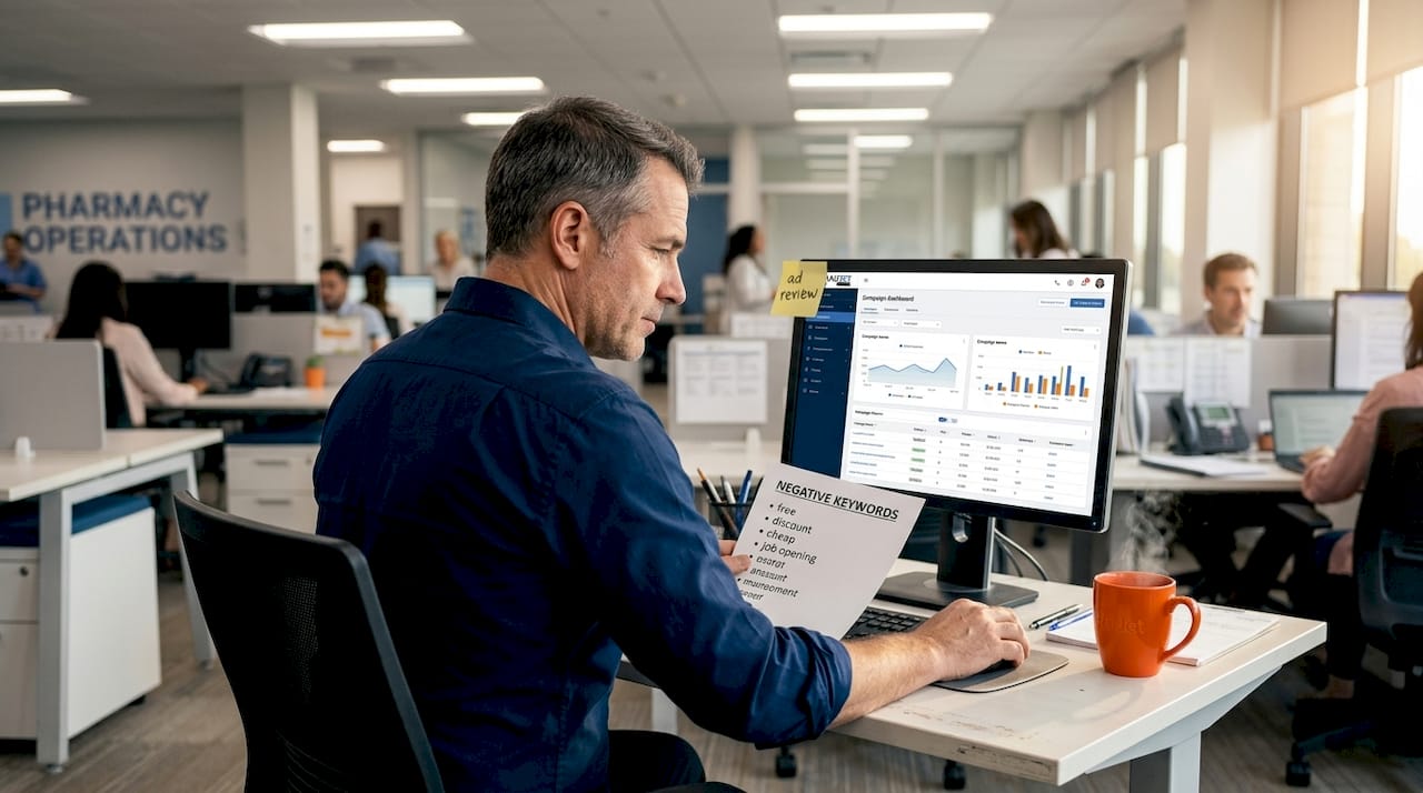 Marketer reviewing healthcare ad campaign details
