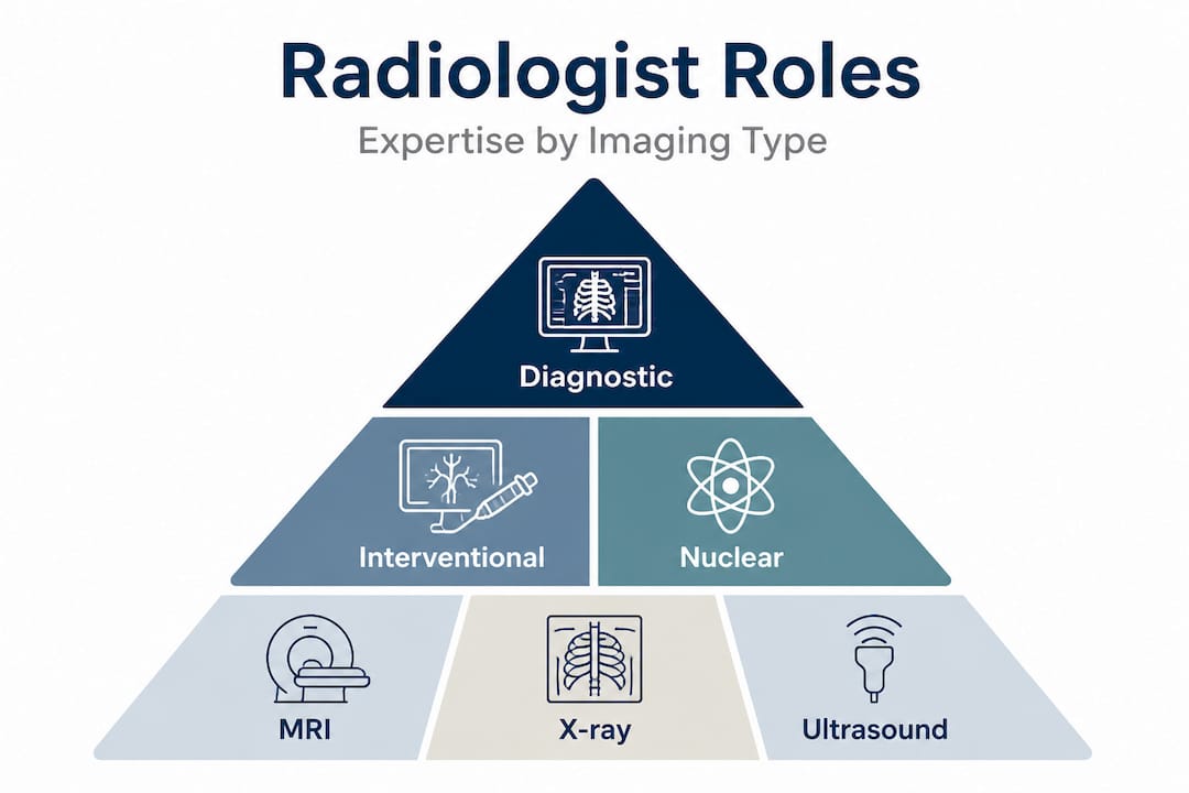 Hierarchy infographic mapping radiologist roles and imaging types