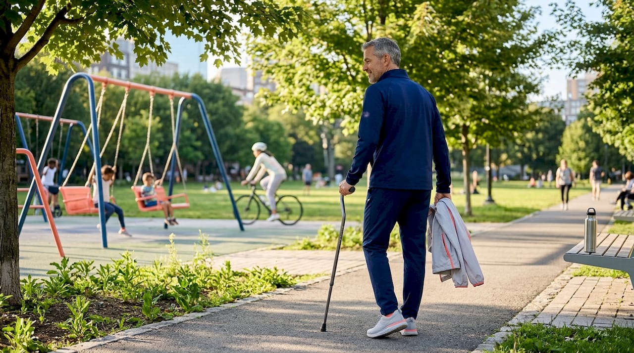 Man walking in park after joint treatment