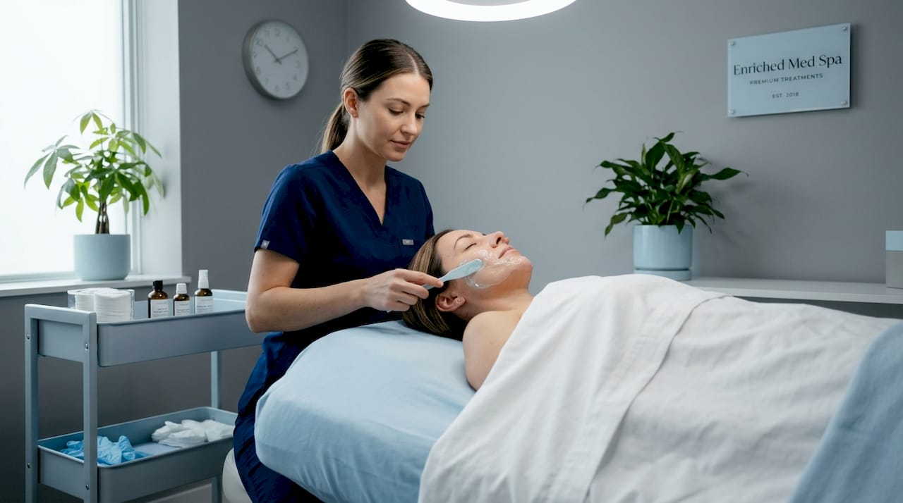 Aesthetician performing facial treatment in clinic