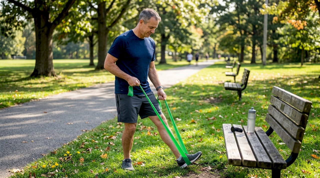 Man stretching with resistance band in park
