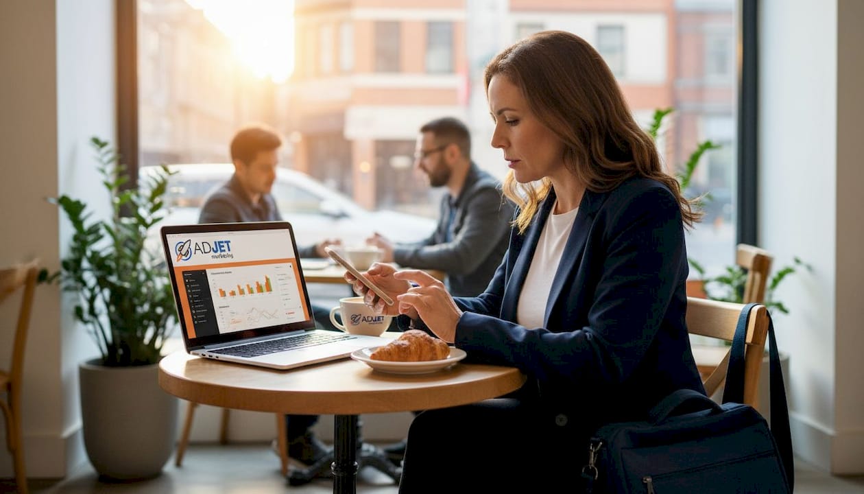 Posting real estate campaign from café table