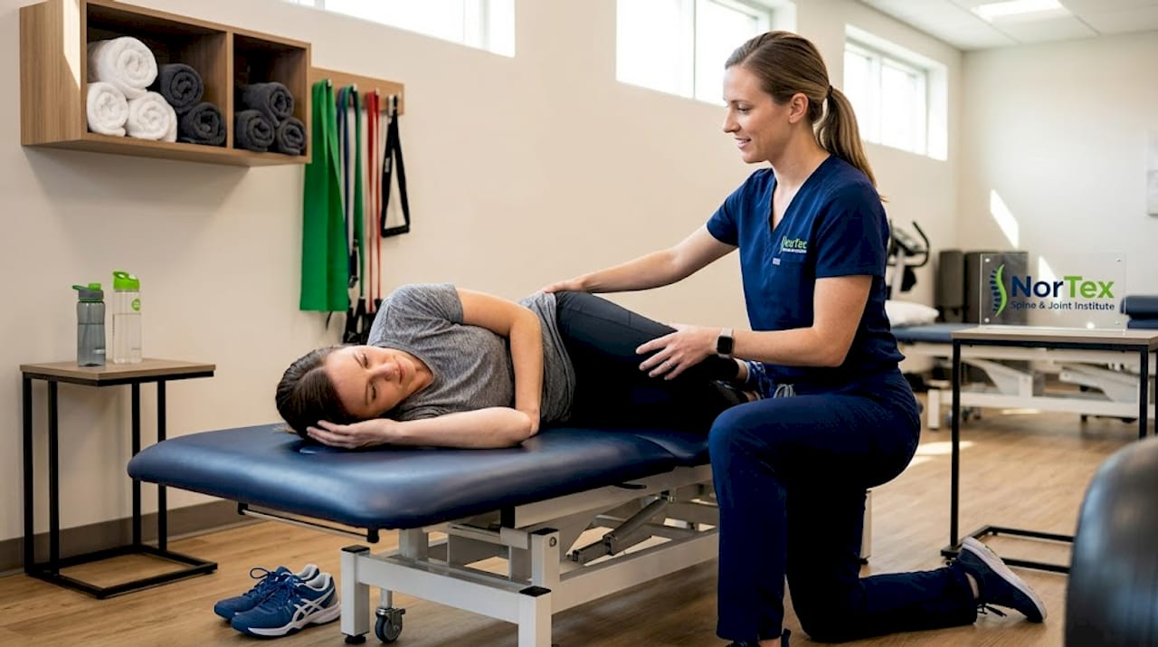 Therapist guiding patient in clinic exercise