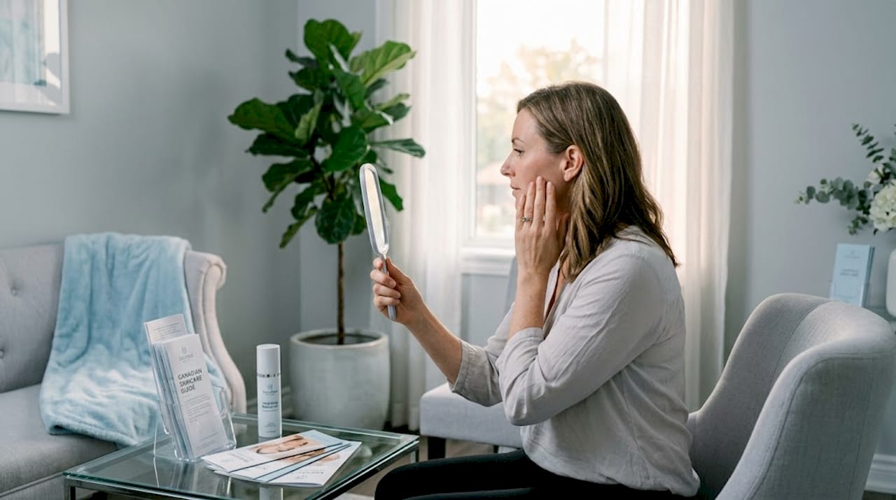 Woman examines skin after laser treatment