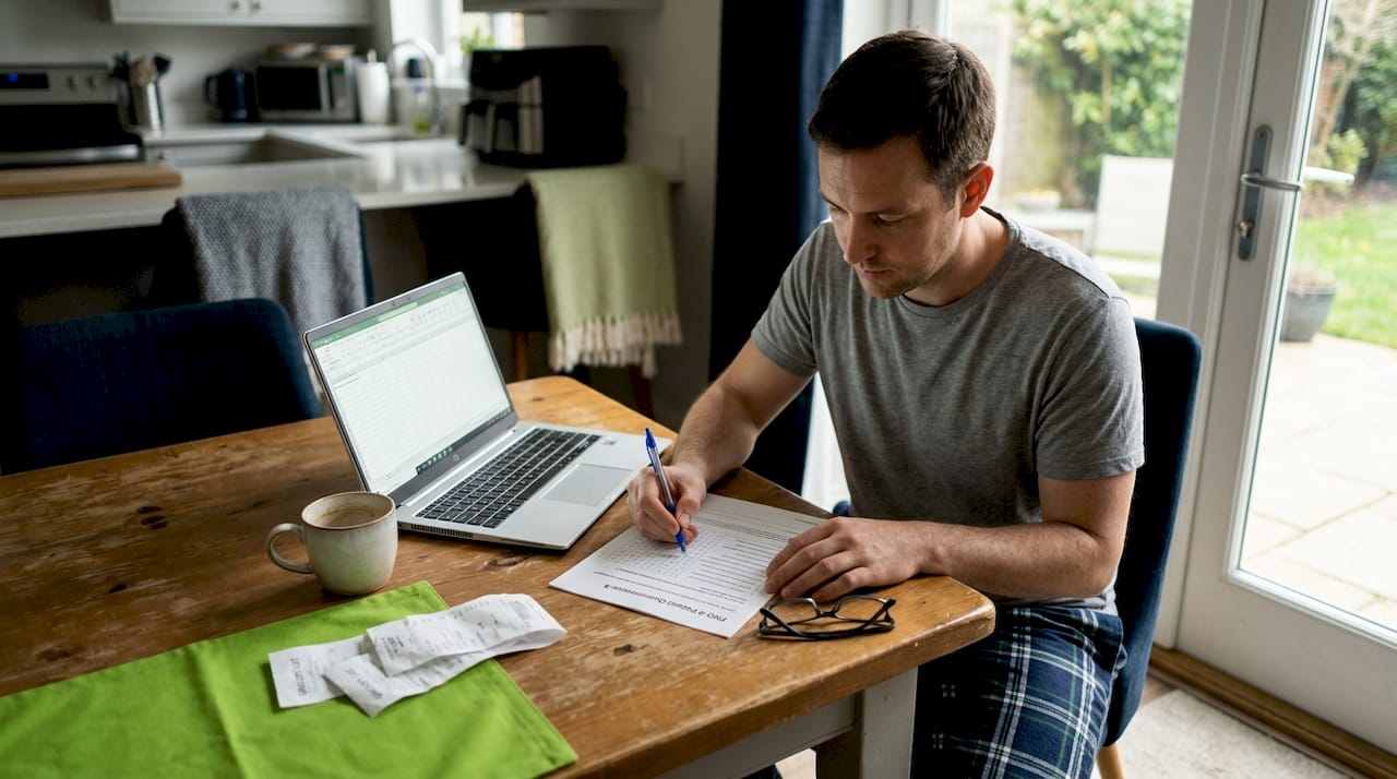 Man filling depression tracking form at kitchen table