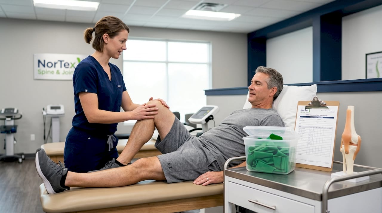 Physical therapist guides knee mobility exercise