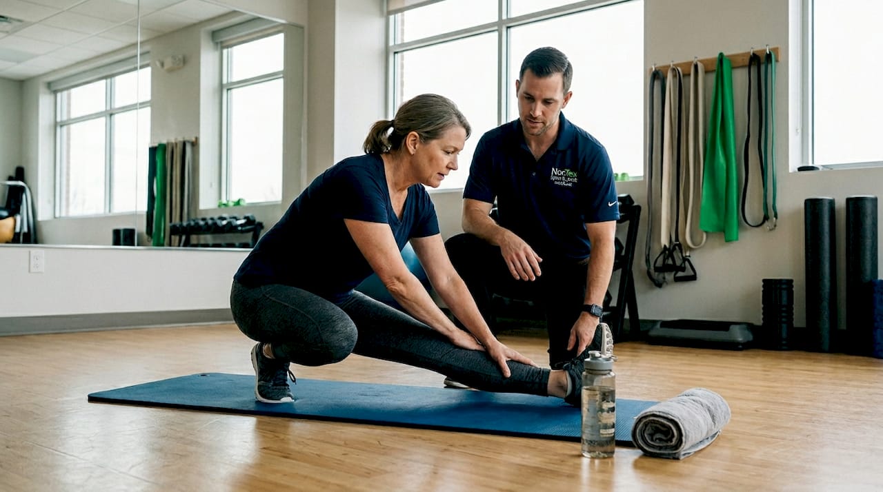 Patient stretching under trainer supervision