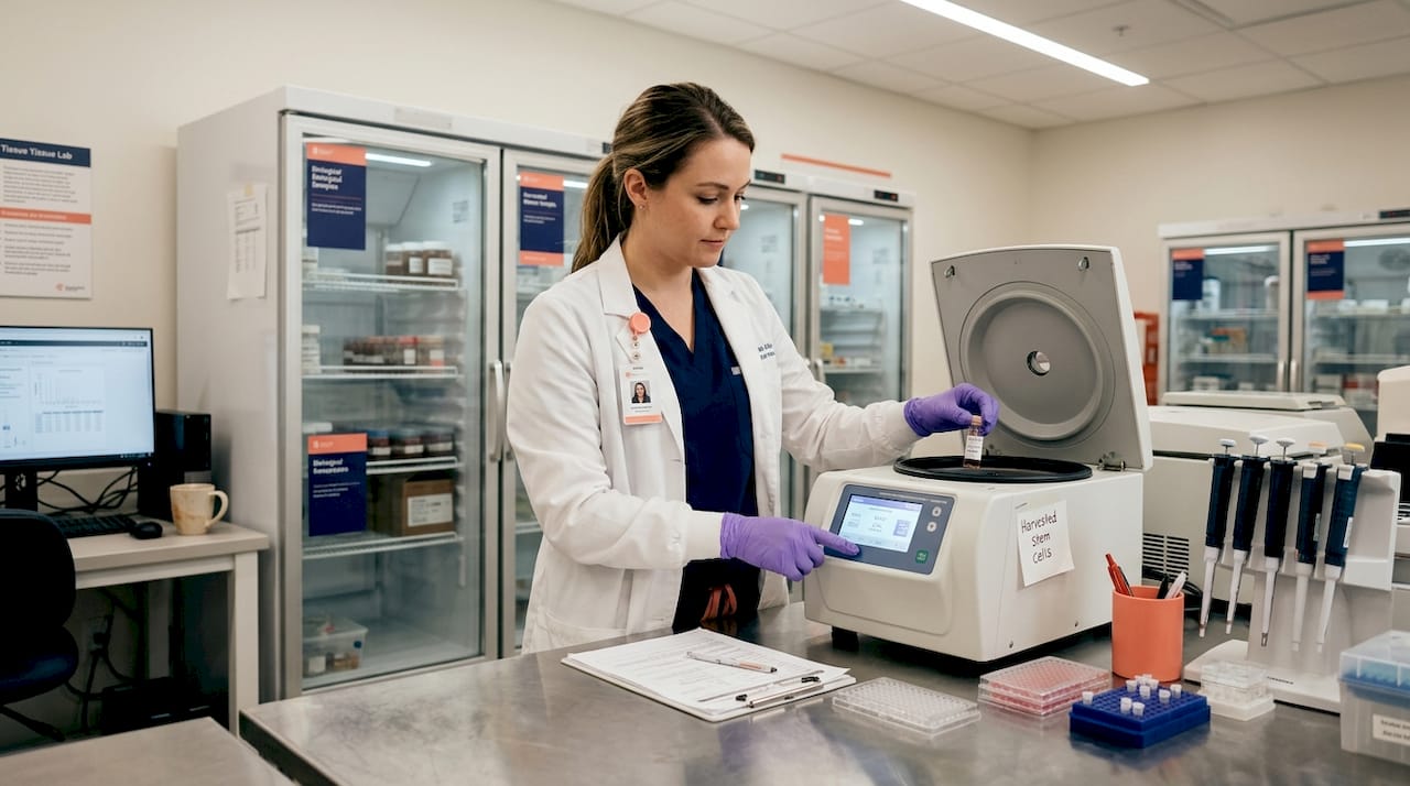 Lab tech prepares stem cell injection vial