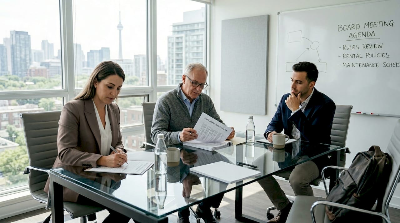 Condo board meeting discussing rental rules