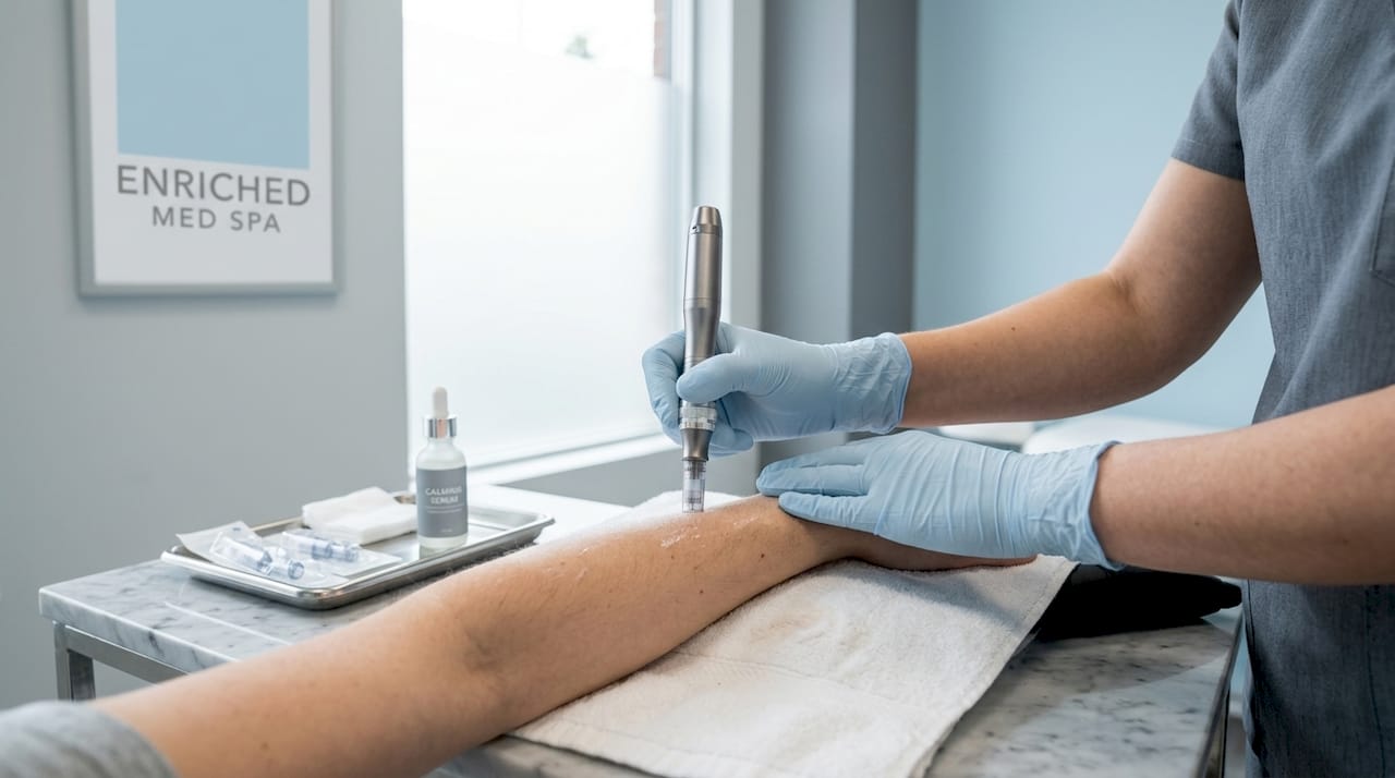 Microneedling device used on skin in clinic