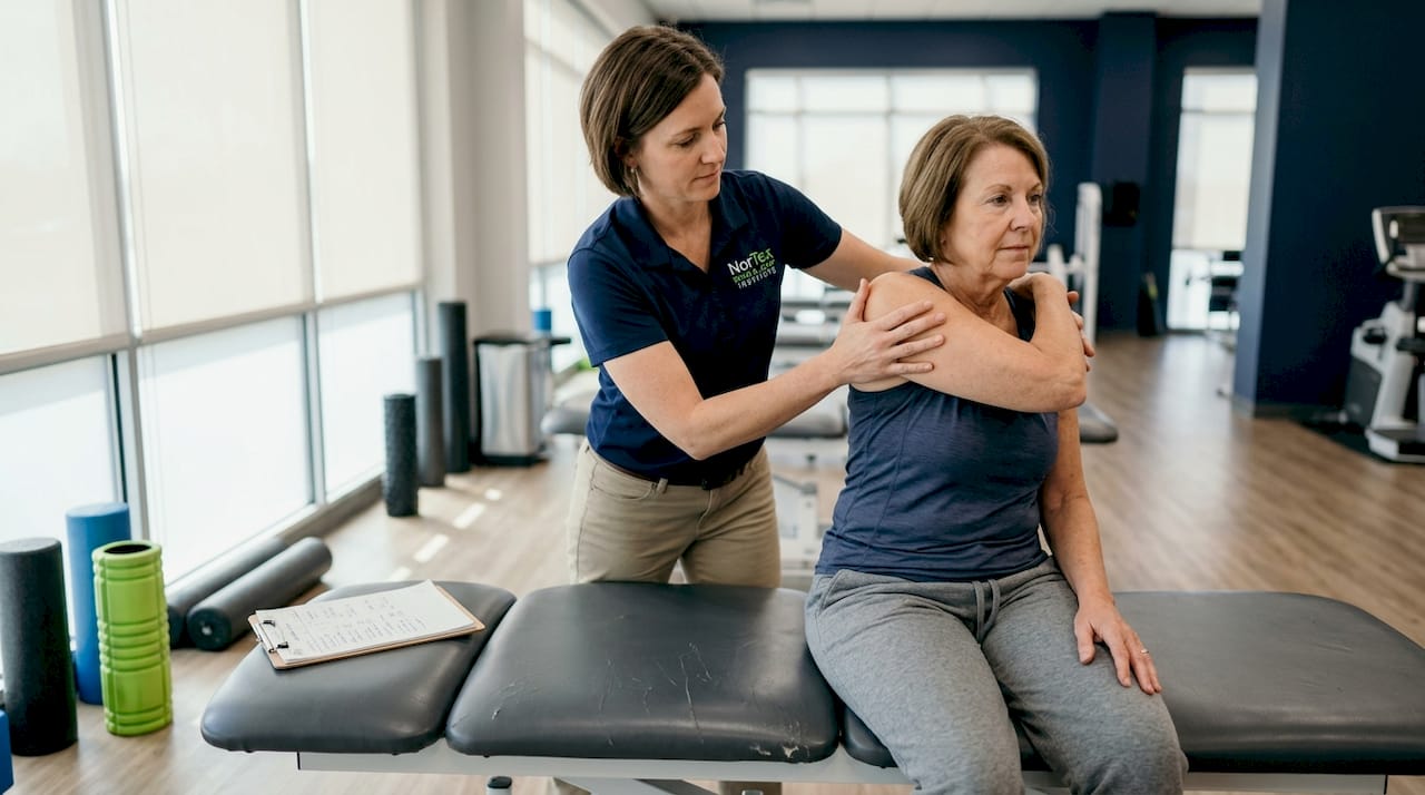 Therapist guides shoulder stretch session