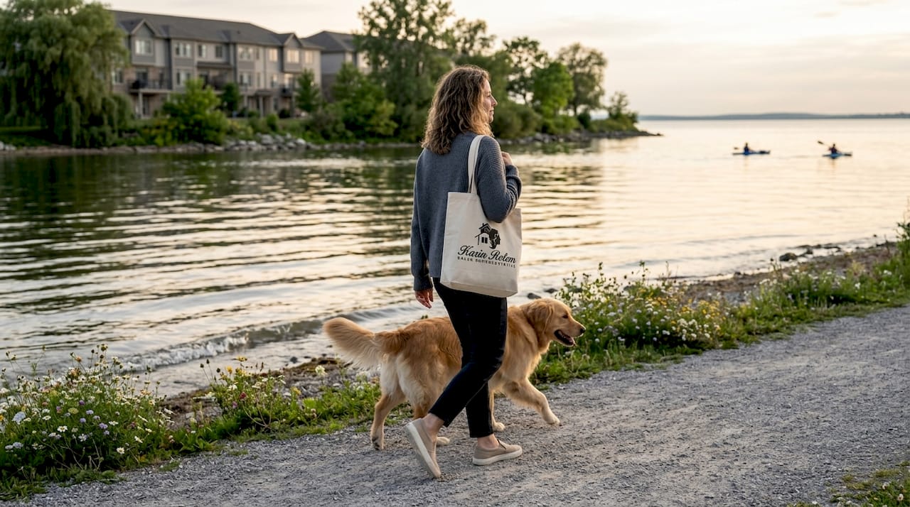 Woman walking dog near Innisfil marina condos