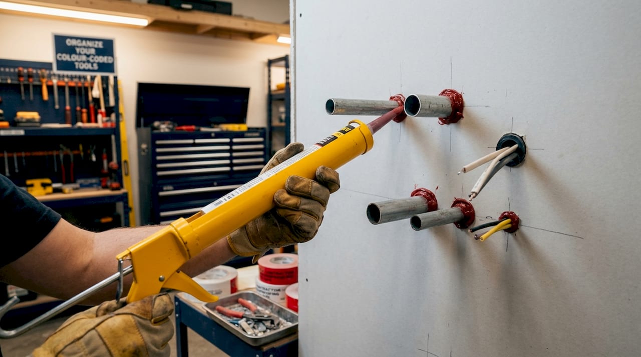 Applying intumescent caulk to wall penetrations