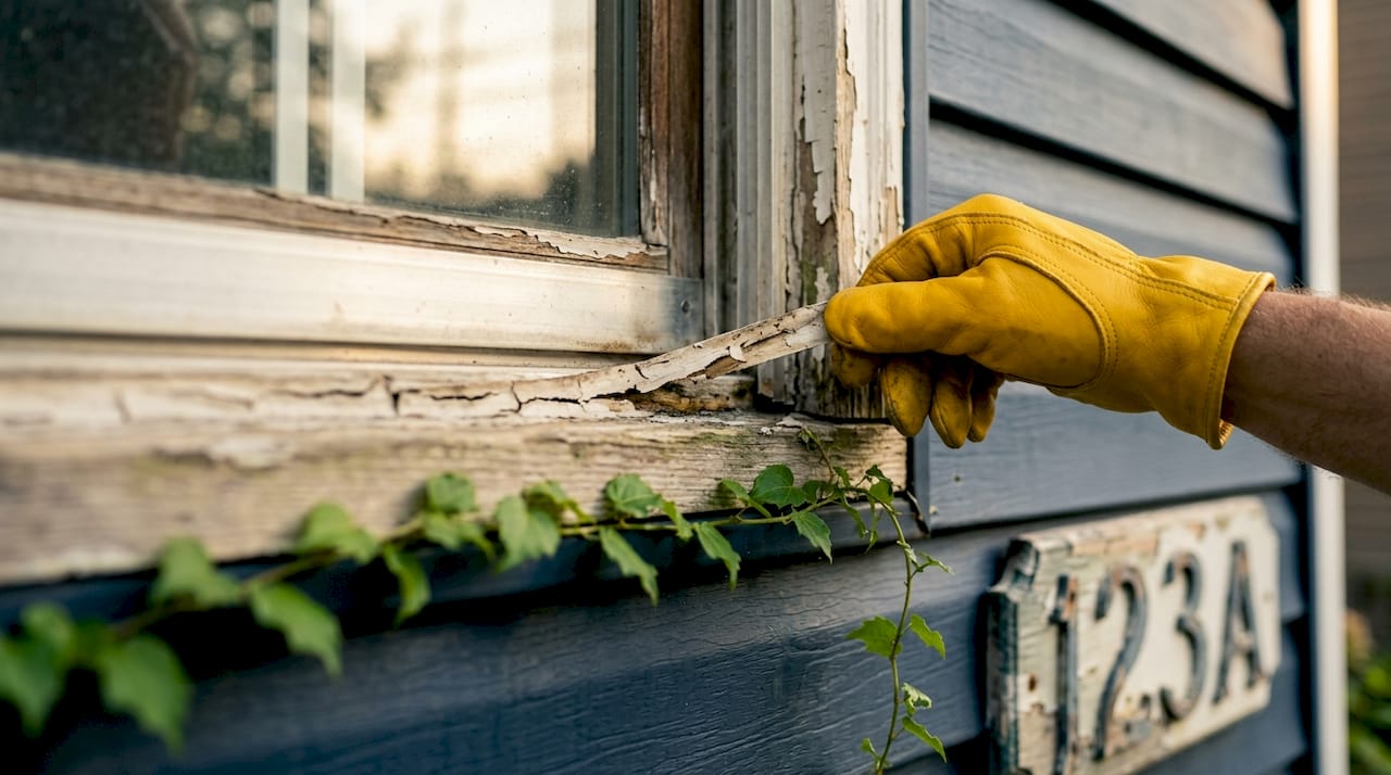 Close-up cracks and peeling at window caulking