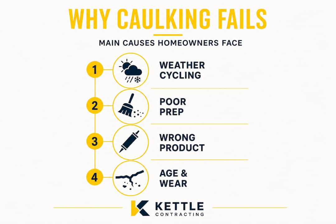 Infographic showing main window caulking failure causes