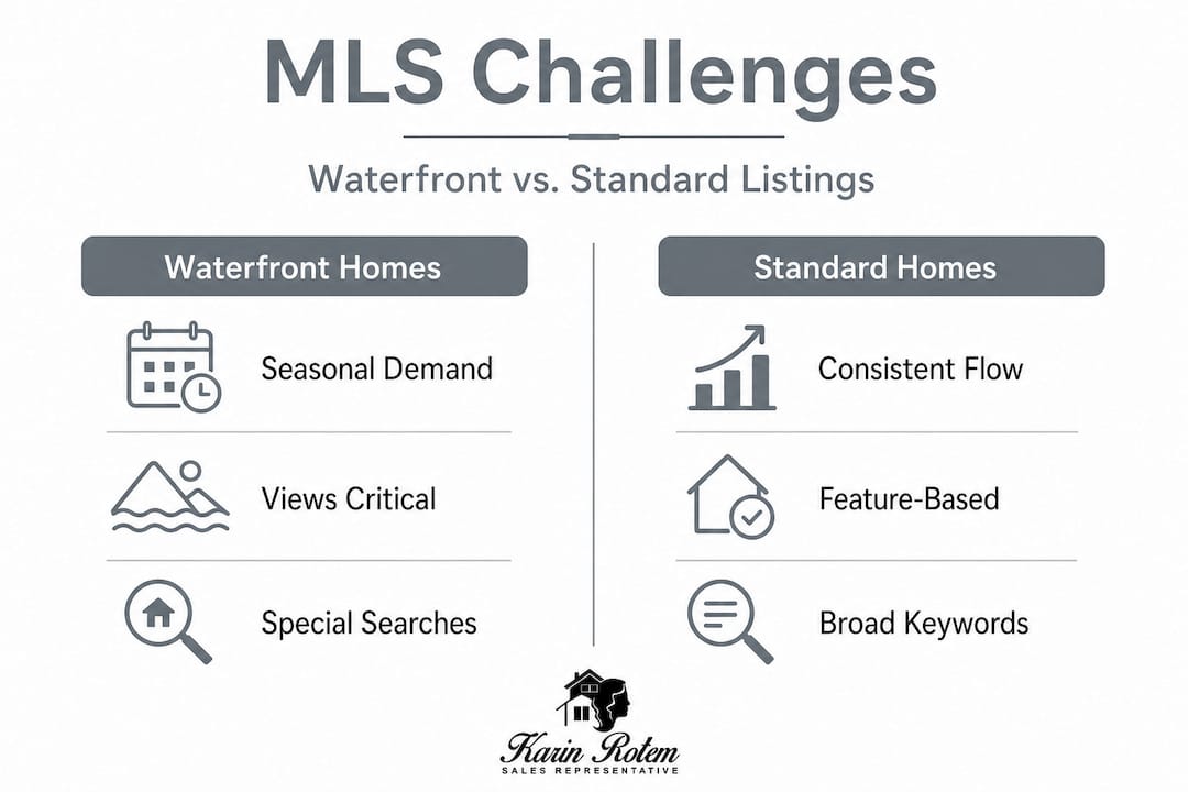 Infographic comparing waterfront versus standard MLS challenges