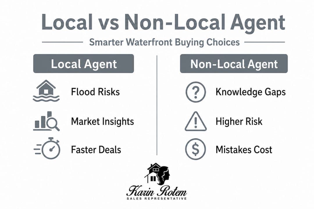 Infographic comparing local and non-local agents for waterfront buying