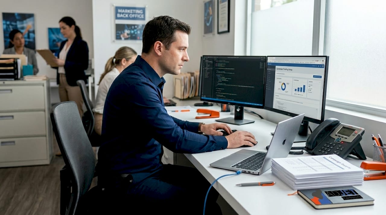 IT professional working on ad tracking setup
