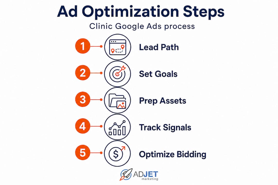 Vertical infographic of Google Ads optimization steps