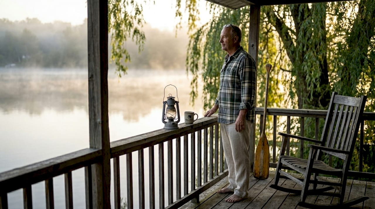 Retiree enjoying cottage deck lakeside view