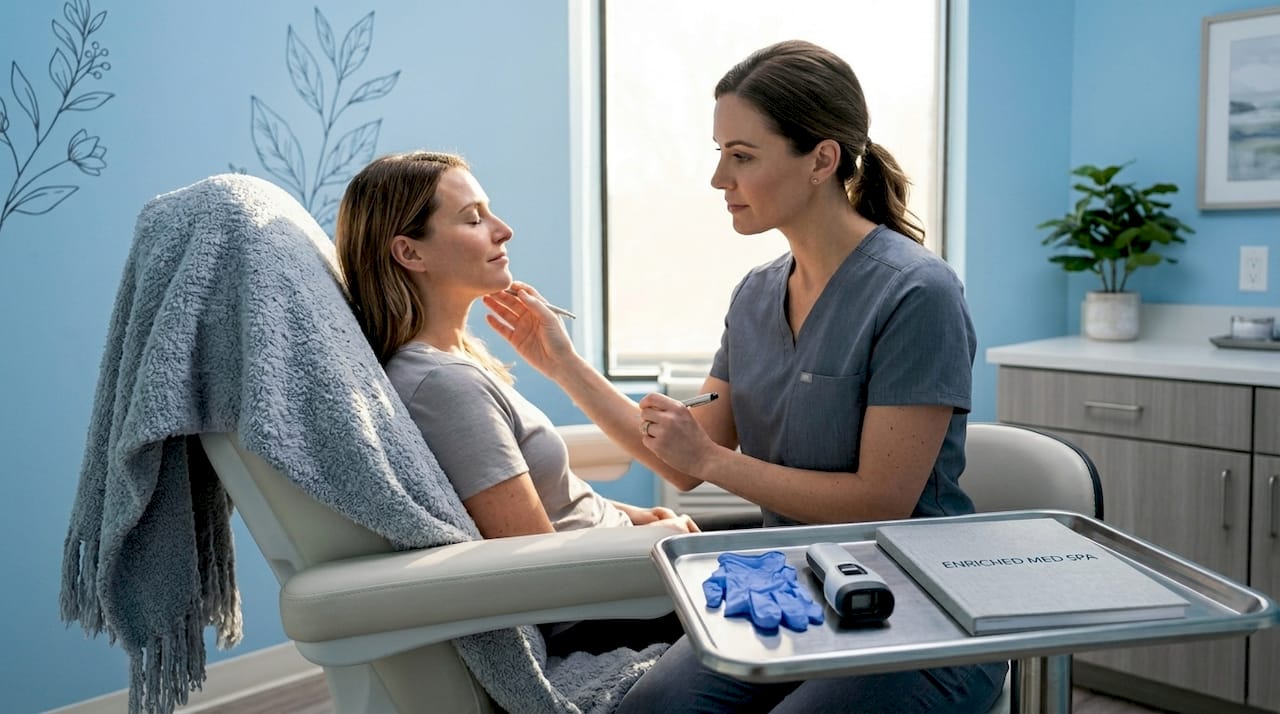 Practitioner examining facial lines in clinic