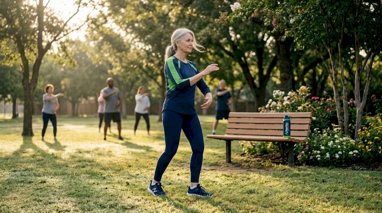 Older woman practicing group tai chi outdoors