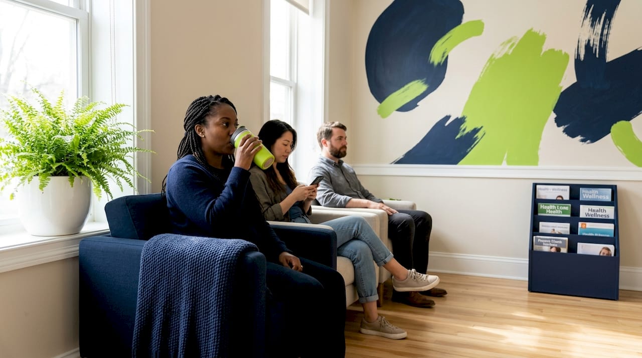 People relaxed in sunlit calm waiting room