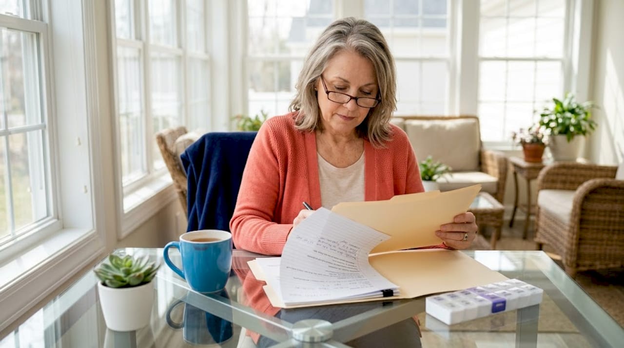 Woman reviews medical treatment folder at table