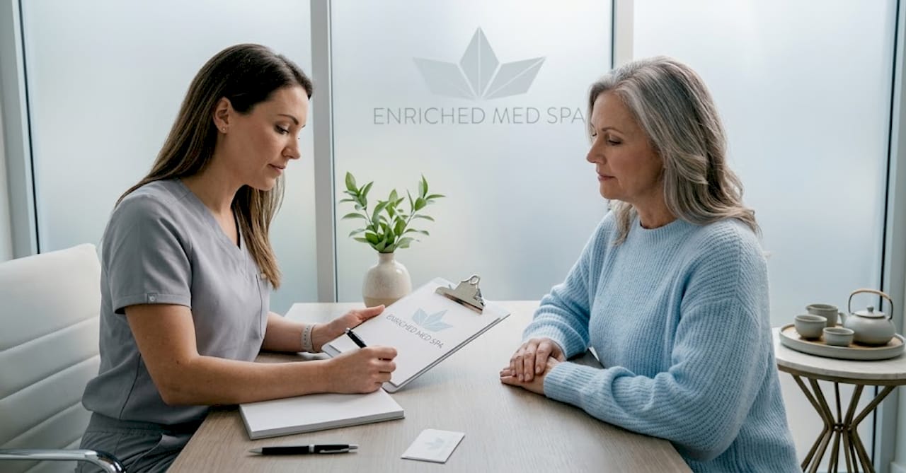 Med spa practitioner consulting with client