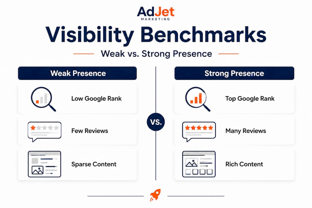 Split infographic showing visibility benchmarks