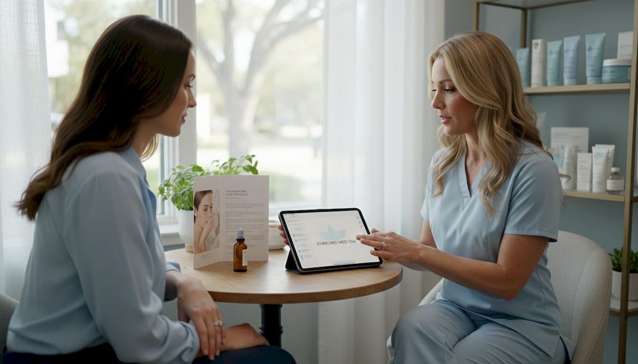 Skin care provider consulting spa client