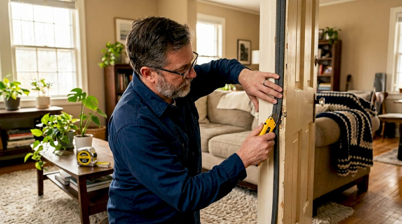 Applying weatherstripping to a hallway door