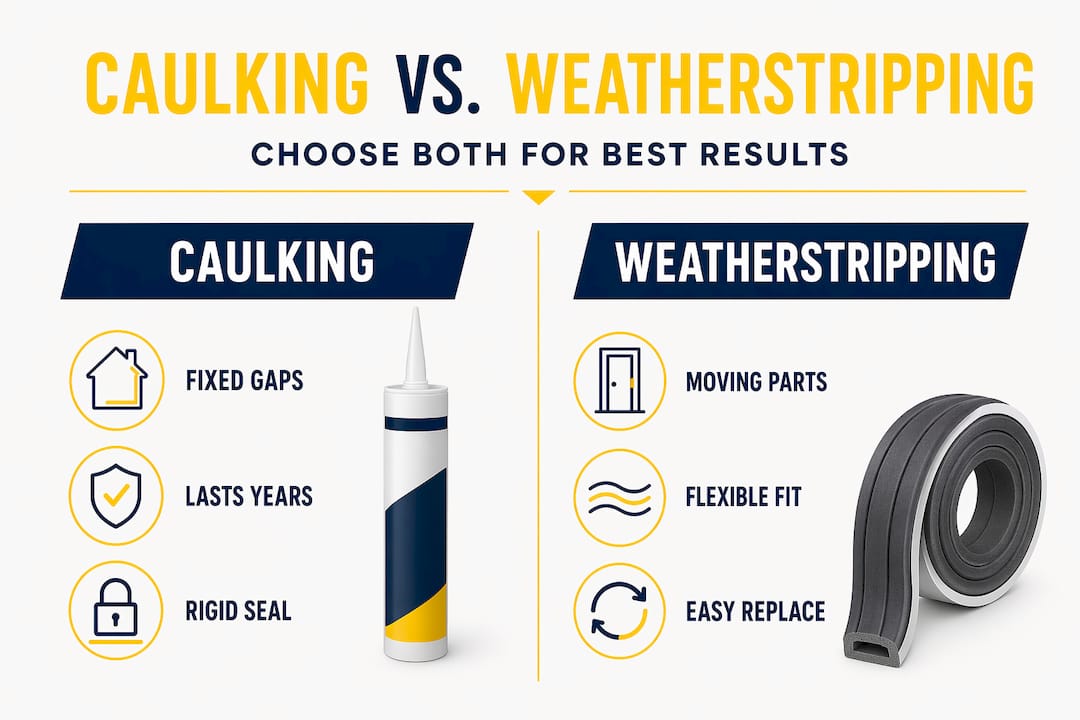 Infographic comparing caulking and weatherstripping